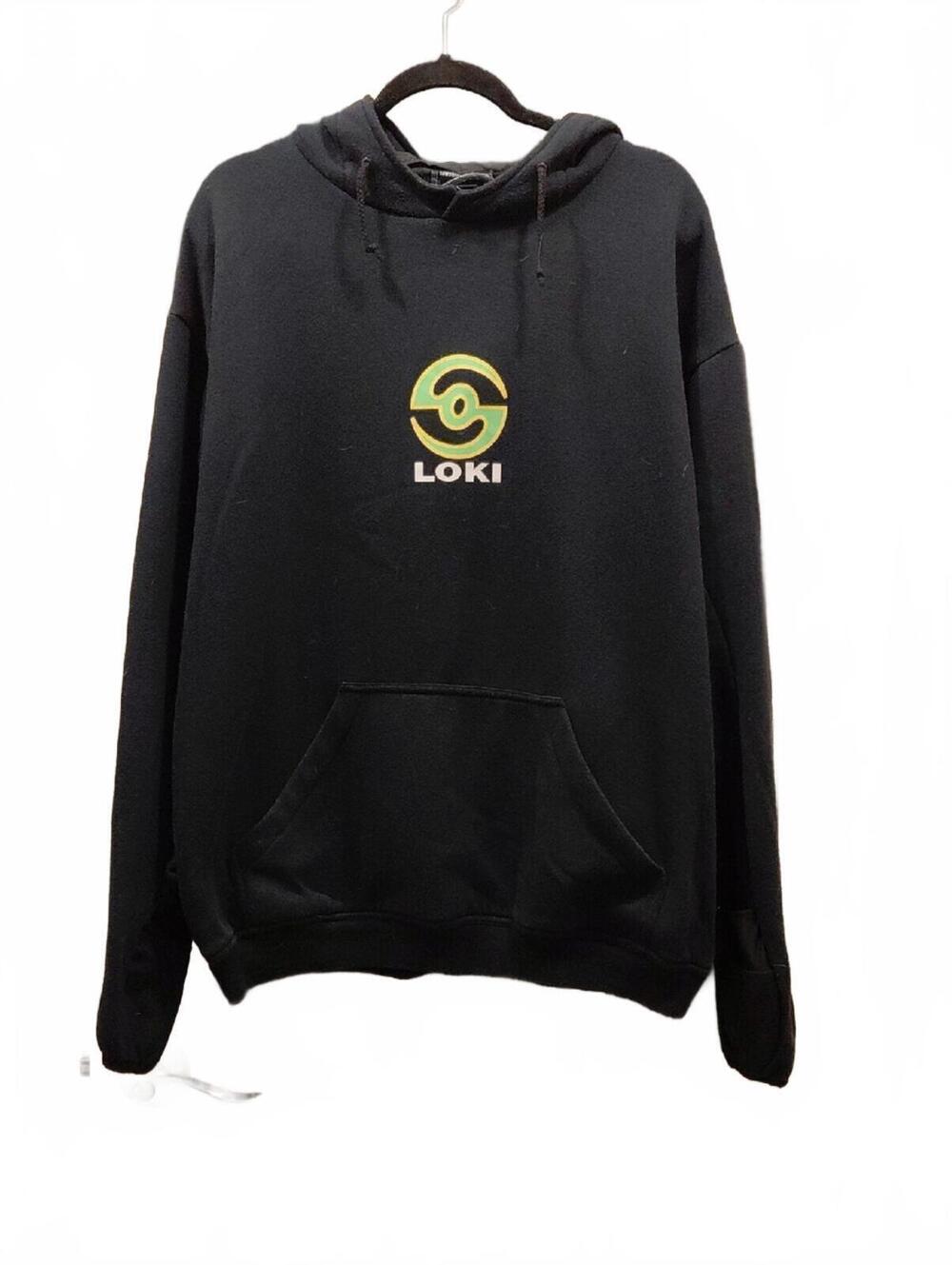 "Loki" Sz.L Black Hoodie with Green & Yellow Logo. 100%Cotton 26in p2p,28in long